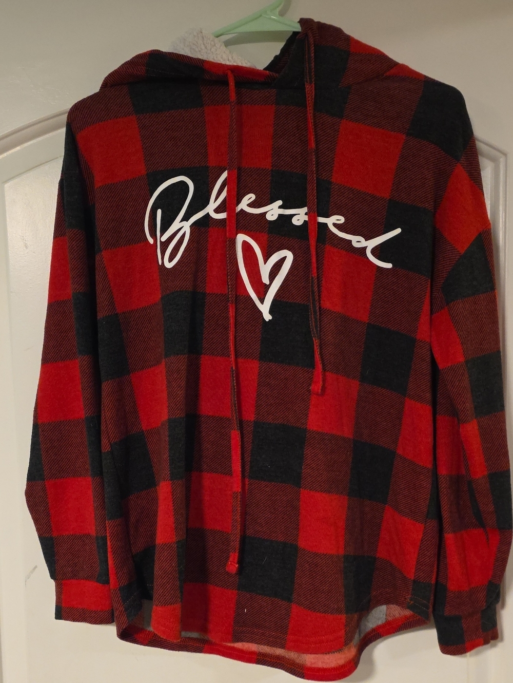 No Boundaries Red and Black Buffalo Plaid "Blessed" Hooded Top